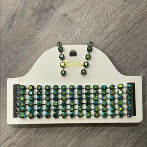 Green Blue Crystal AB Necklace Choker Drop Earring Jewelry Set